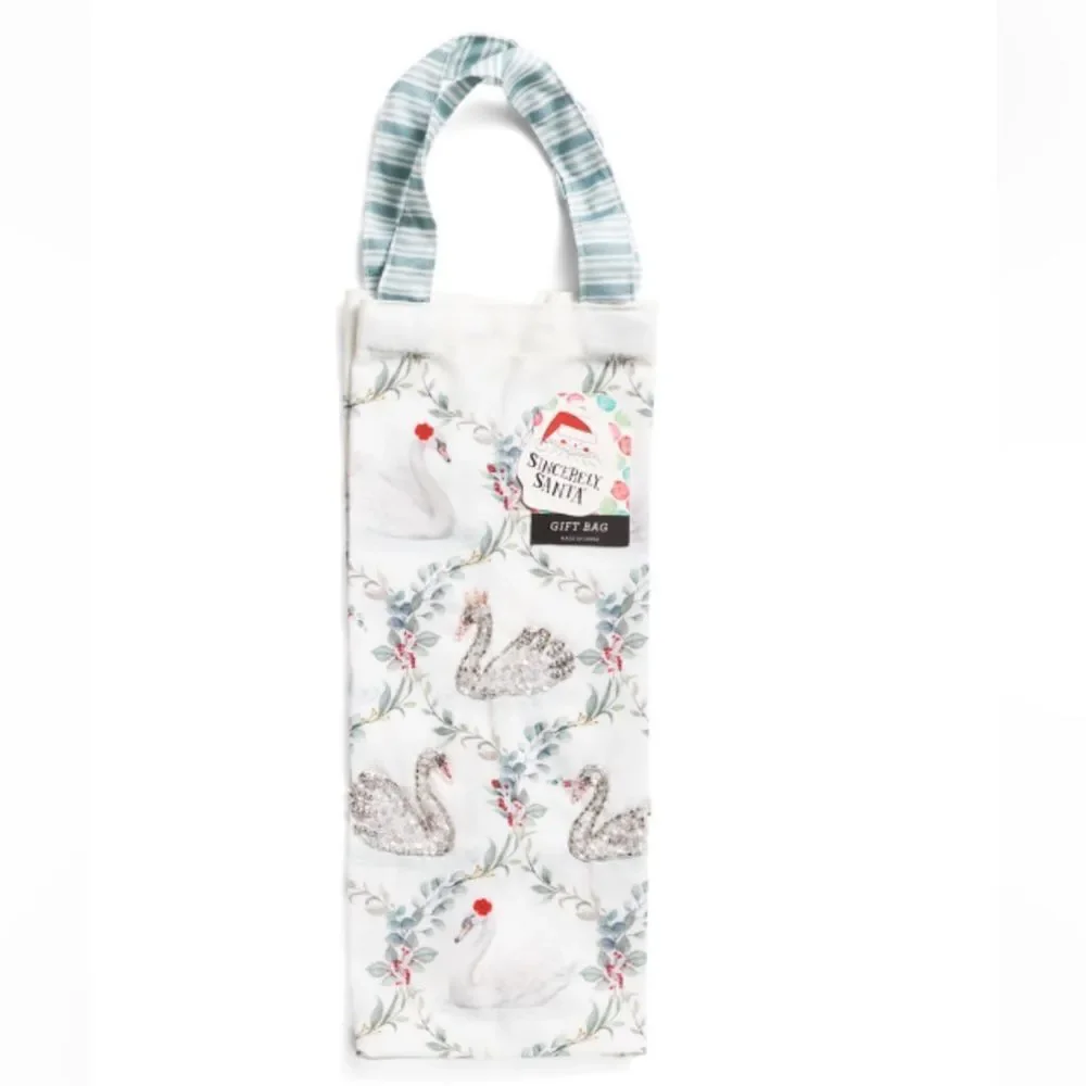 Sincerely Santa White Green Red Christmas Swans Canvas Wine Gift Bag